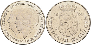 Нидерланды 2 1/2 гульдена 1980 коронация Беатрикс, 30 апреля 1980 KM 201 никель 4587-1021