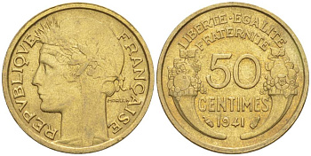 ФРАНЦИЯ 50 САНТИМОВ 1941 ТИП MORLON KM 894.1, LE FRANC 192.18 алюминиевая бронза 44-544