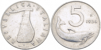 ИТАЛИЯ 5 ЛИР 1954 R, РУЛЬ, ДЕЛЬФИН KM 92 алюминий 3718-253