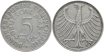 ФРГ 5 марок 1951 G KM 112.1, J. 387 серебро 1526-114