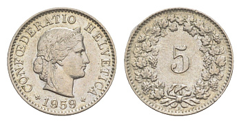 Швейцария 5 раппенов 1959 B KM 26 медно-никель 4643-337