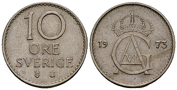 Швеция 10 эре 1973 Густав VI Адольф (1950-1973) KM 835 медно-никель 4173-739