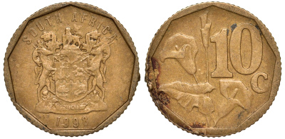 ЮАР 10 центов 1998 KM 161 сталь плакированная латунью 4164-515