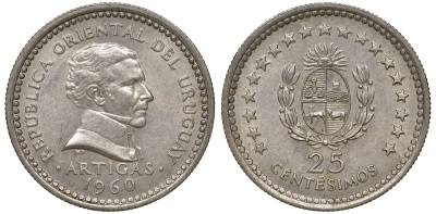 Уругвай 25 сентесимо 1960 KM 40 медно-никель 4169-944