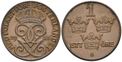 Швеция 1 эре 1925 Густав V (1907-1950) KM 777.2 бронза 4585-322