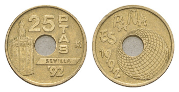 Испания 25 песет 1992 Expo'92 Sevilla, Глобус KM 905 алюминиевая бронза 4623-1264