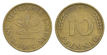 ФРГ 10 пфеннигов 1949 D KM 103, J. 378 сталь плакированная латунью 4630-1257
