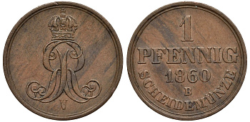 Ганновер 1 пфенниг 1860 B, Георг V KM 233, AKS 156, J. 90 медь 4594-245