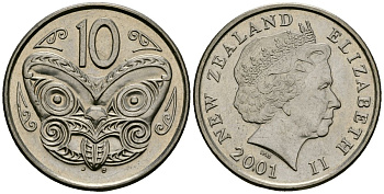Новая Зеландия 10 центов 2001 Елизавета II (1952-2022), маска маори KM 117 медно-никель 27-1123