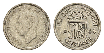 Великобритания 6 пенсов 1944 Георг VI (1936-1952) KM 852, Spink 4084 серебро 4644-1247