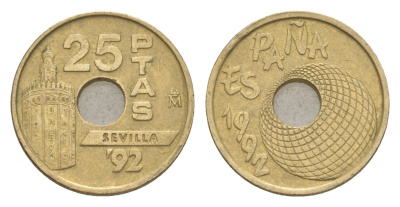 Испания 25 песет 1992 Expo'92 Sevilla, Глобус KM 905 алюминиевая бронза 4623-1264