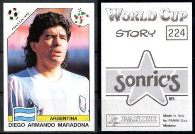 Футбольная карточка Диего Арманды Марадоны с Чемпионата мира 1990 года на который сборная Аргентины поехала в статусе чемпионов мира, и на котором они стали серебряными призерами Panini World Cup Italy '90 - 224 номер карточки, Италия 7503-28-2-1