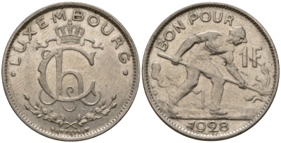 Люксембург 1 франк 1928 сталевар, Шарлотта (1918-1964) KM 35 никель 4603-1055