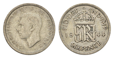 Великобритания 6 пенсов 1944 Георг VI (1936-1952) KM 852, Spink 4084 серебро 4644-1247