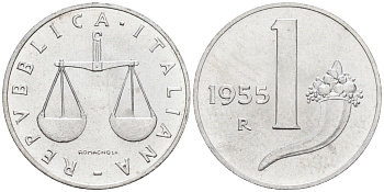 Италия 1 лира 1955 R, весы KM 91 алюминий  UNC  4594-716