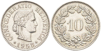 Швейцария 10 раппенов 1958 B KM 27 медно-никель     55-312