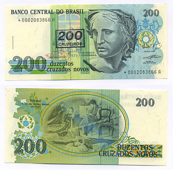 БРАЗИЛИЯ 200 КРУЗЕЙРО 1990 НАДПЕЧАТКА НА 200 КРУЗАДО, ПОДПИСЬ 27, СЕРИЯ 0002*, ЗАМЕЩЕННАЯ СЕРИЯ Pick 225 бумага UNC (ПРЕСС) 7552-36-2