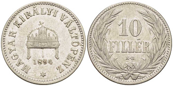 Венгрия 10 филлеров 1894 KB, Франц Иосиф I (1848-1916) KM 482 никель 201-231