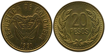 Колумбия 20 песо 1991 KM 282 алюминиевая бронза 4528-868