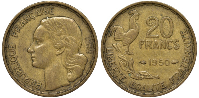 Франция 20 франков 1950 KM 916.1 медь алюминий никель 4543-537