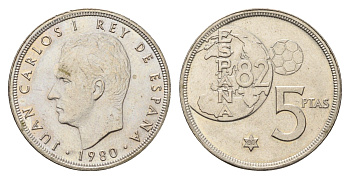 Испания 5 песет 1980 (80) Чемпионат мира по футболу 1982, Испания KM 817 медно-никель UNC 4148-656