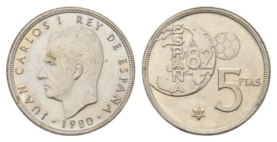 Испания 5 песет 1980 (80) Чемпионат мира по футболу 1982, Испания KM 817 медно-никель UNC 4148-656