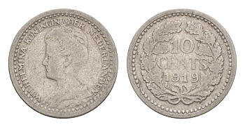 Нидерланды 10 центов 1919 Вильгельмина (1890-1948) KM 145 серебро 4651-1062