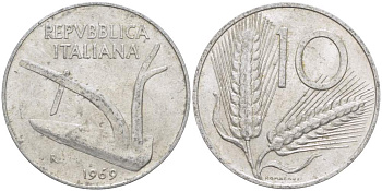 ИТАЛИЯ 10 ЛИР 1969 R, КОЛОСЬЯ, ПЛУГ KM 93 алюминий 4513-645