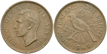 Новая Зеландия 1 пенни 1949 птица туи, король Георг VI (1937 - 1952) KM 21 бронза 4364-4221