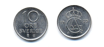 Швеция 10 эре 1973 U, Густав VI Адольф (1950-1973) KM 835 медно-никель 51-5223