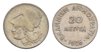 Греция 20 лепт 1926 Афина в коринфском шлеме, год-тип KM 67 медно-никель 4668-1235