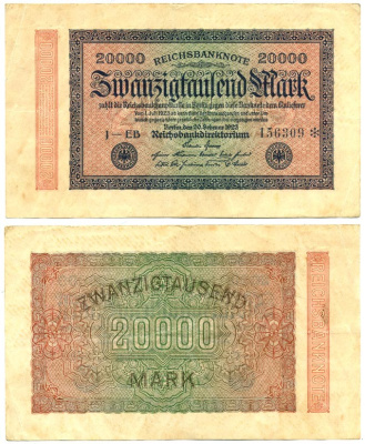 ГЕРМАНИЯ 20000 МАРОК 1923 20 ФЕВРАЛЯ 1923, ВОДЯНОЙ ЗНАК J Pick 85f бумага 7146-10-3-2