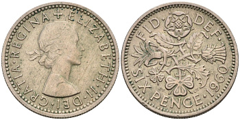 Великобритания 6 пенсов 1960 Елизавета II (1952-2022) KM 903, Spink 4149 медно-никель 4561-1046