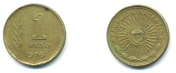 Аргентина 1 песо 1976 майское солнце KM 69 алюминиевая бронза 80-241