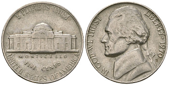 США 5 центов 1970 S (Сан-Франциско), Джефферсон KM A192 медно-никель 4592-753