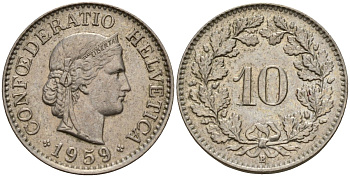 Швейцария 10 раппенов 1959 B KM 27 медно-никель 4189-352