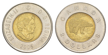 Канада 2 доллара 2005 Елизавета II (1952-2022), полярный медведь KM 496 биметалл 4631-843