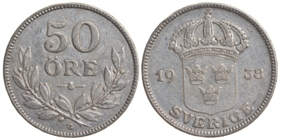Швеция 50 эре 1938 G, Густав V (1907-1950) KM 788 серебро 4179-947