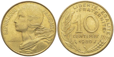 ФРАНЦИЯ 10 САНТИМОВ 1980 ТИП MARIANNE КМ 929, LE FRANC 144.20 алюминиевая бронза 116-127