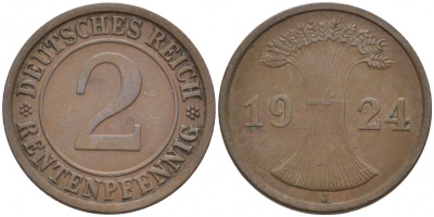 ГЕРМАНИЯ 2 РЕНТЕНПФЕННИГА 1924 J KM 31, J.307 бронза 110-234
