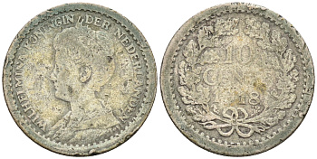 Нидерланды 10 центов 1918 Вильгельмина KM 145 серебро    4115-215