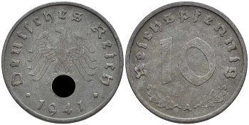 ГЕРМАНИЯ 10 РЕЙХСПФЕННИГОВ 1941 А KM 101, J. 371 цинк 4401-717
