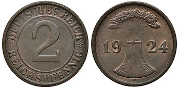 ГЕРМАНИЯ 2 РЕЙХСПФЕННИГА 1924 Е KM 38, J. 314 бронза 413-3434