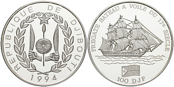 Джибути 100 франков 1994 фрегат Bateau, тираж 15000 экз. KM 31 серебро PROOF 00-00