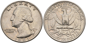 США 25 центов = квотер 1981 P, Вашингтон KM A164a медь плакированная медно-никелем 4584-1131