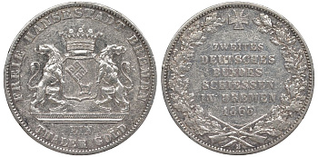 Бремен 1 талер 1865 стрелковый фестиваль KM 248, Jaeger 27, Thun 126, AKS 16, Kahnt. 163, Davenport 628 серебро 00-806-12