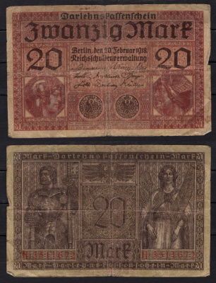 Германия 20 марок 1918 Минерва и Меркурий; на обратной стороне рыцарь, аллегорическая женщина Pick 57 бумага 8602-9-1-1