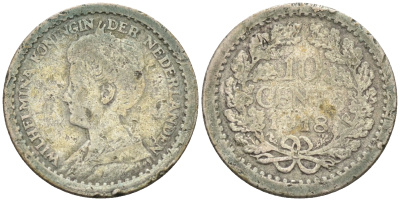 Нидерланды 10 центов 1918 Вильгельмина I (1890-1948) KM 145 серебро    4115-215