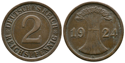 ГЕРМАНИЯ 2 РЕЙХСПФЕННИГА 1924 A KM 38, J. 314 бронза 93-1051