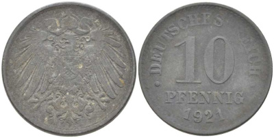 ГЕРМАНИЯ 10 ПФЕННИГОВ 1921 (1917-1922) KM 26, J. 299, Weege 8 цинк 210-311
